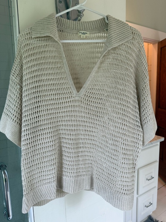 Max Studio Tops - Max Studio Open-Weave Collared Sweater Top in Light Beige